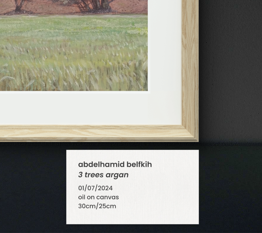 Oil painting of an olive grove and green field under a blue sky, created in 2024.