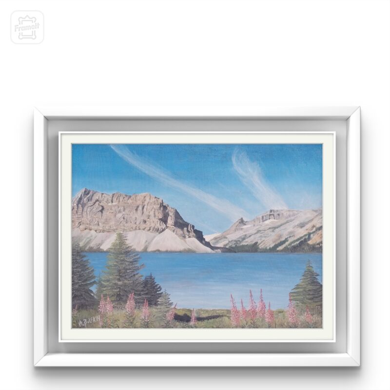 Oil painting on canvas showing mountains, a lake, trees, and pink flowers, painted in 2015.